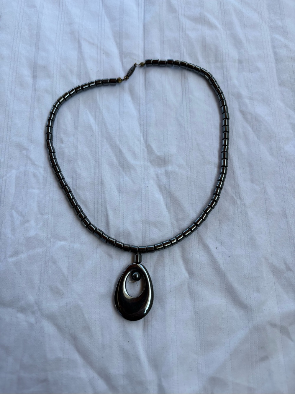 Hematite Beaded Pendant Necklace - Polished Dark Gray Drop